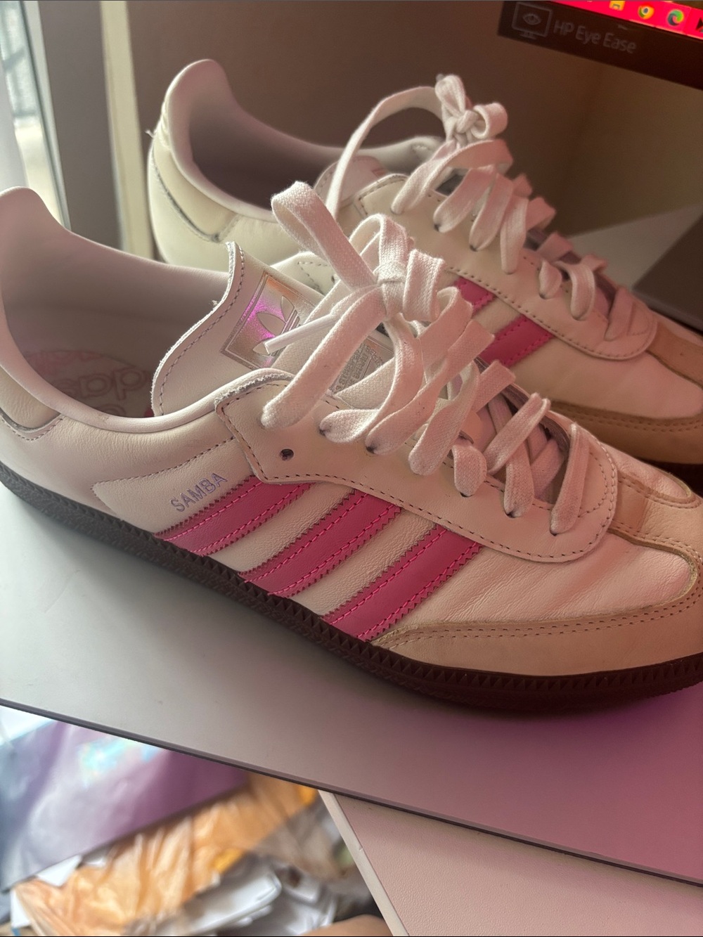 adidas Samba Leather Sneakers in White with Pink Stripes - Picture 2 of 5